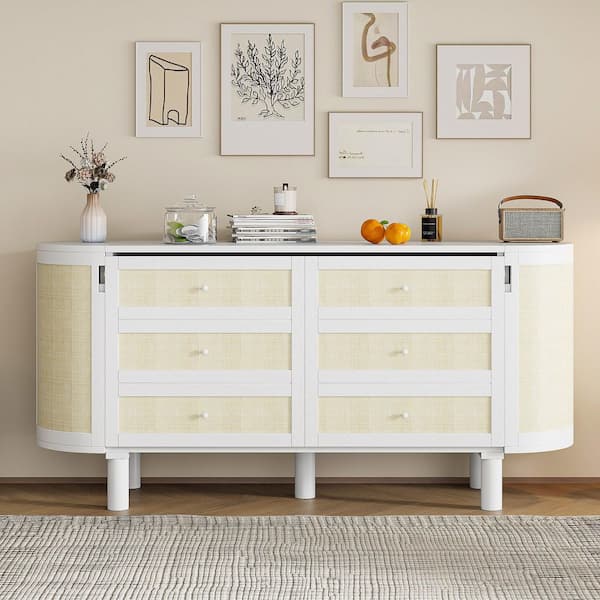 White Wood Frame Queen Size Murphy Bed with Hidden Storage & Modern Woven Design