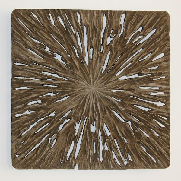 Benjara Oak Brown Medium Square Rotten Wood Sandstone Wall Decor with Cut Out