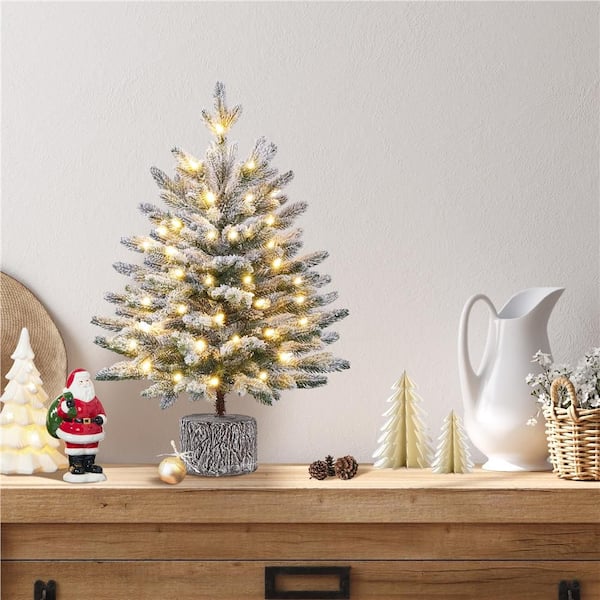 Yaheetech Pre-lit Potted Flocked Tabletop Christmas Tree Mini Flocked Artificial Christmas Tree
