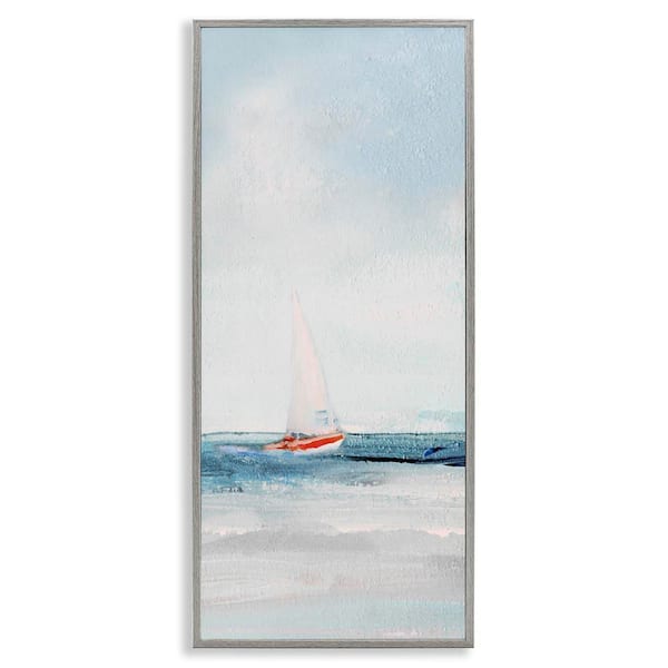 Stupell Industries Sailboat in Distance by Sally Swatland Gray Framed Coastal Giclee Art Print 30 in. x 13 in.