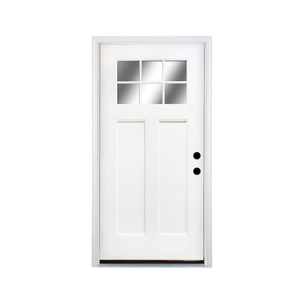 36 in. x 80 in. 2 Panel Left-Hand 6 Lite Clear Glass White Primed Fiberglass Prehung Front Door with Threshold, Hinge