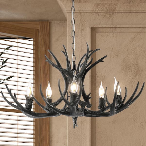 5-Light Black 30 in. Eldora Rustic Farmhouse Iron LED Chandelier