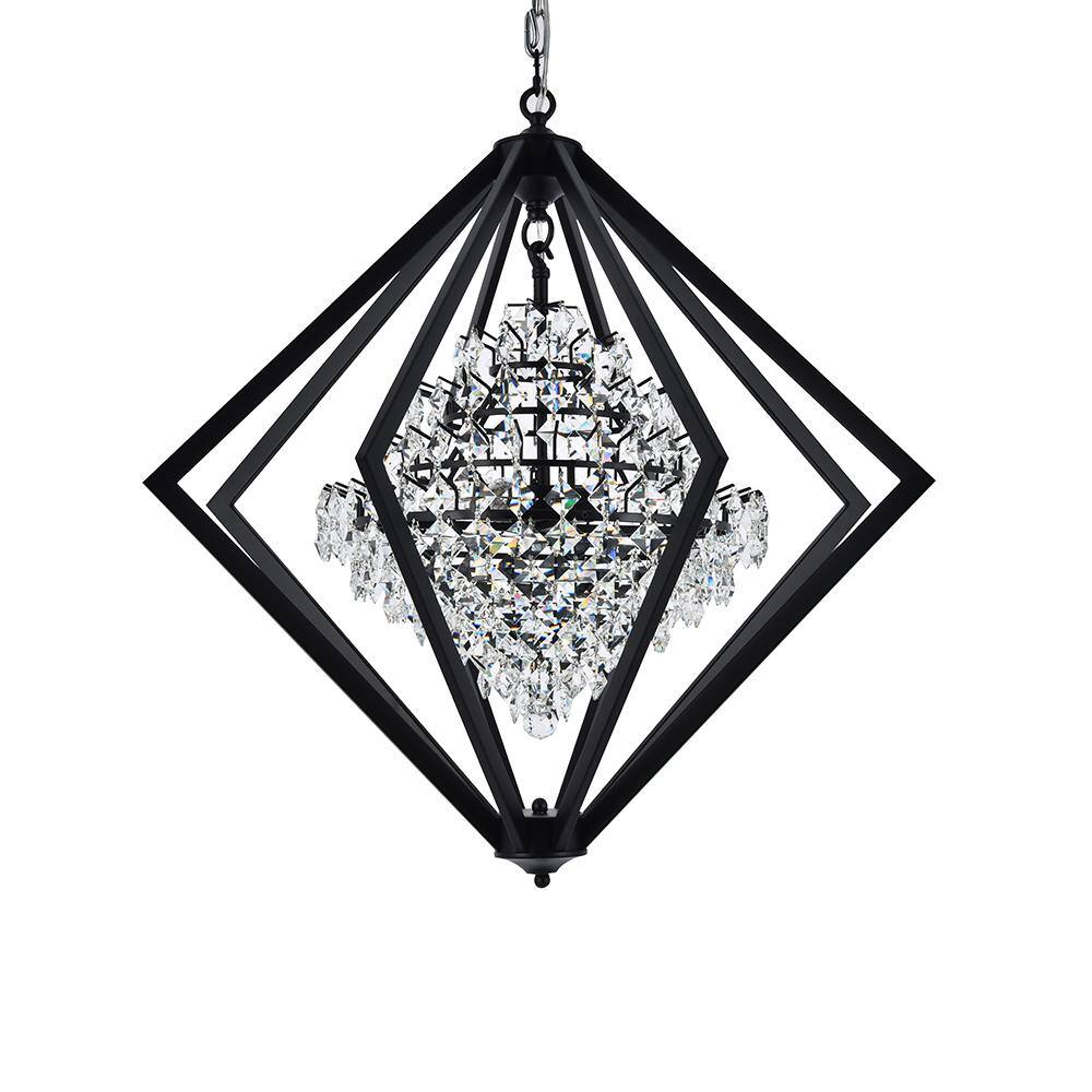 Elegant Black Metal & Crystal Diamond Cage Chandelier, 28"