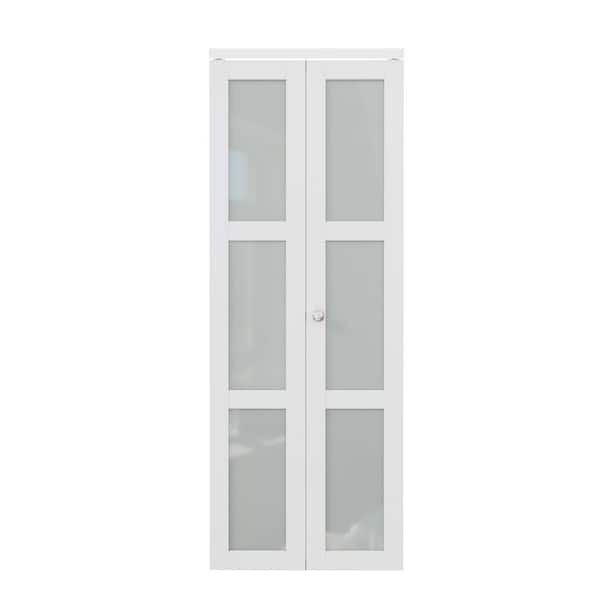 30 in. x 80 in. 3-Lite Tempered Frosted Glass and Solid Core White Finished MDF Closet Bi-Fold Door with Hardware
