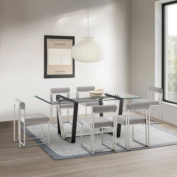 Armen Living Kai Stainless Steel and Black Glass Top 72 in. Trestle Base Dining Table Seats 6 LCKADIBSBLK