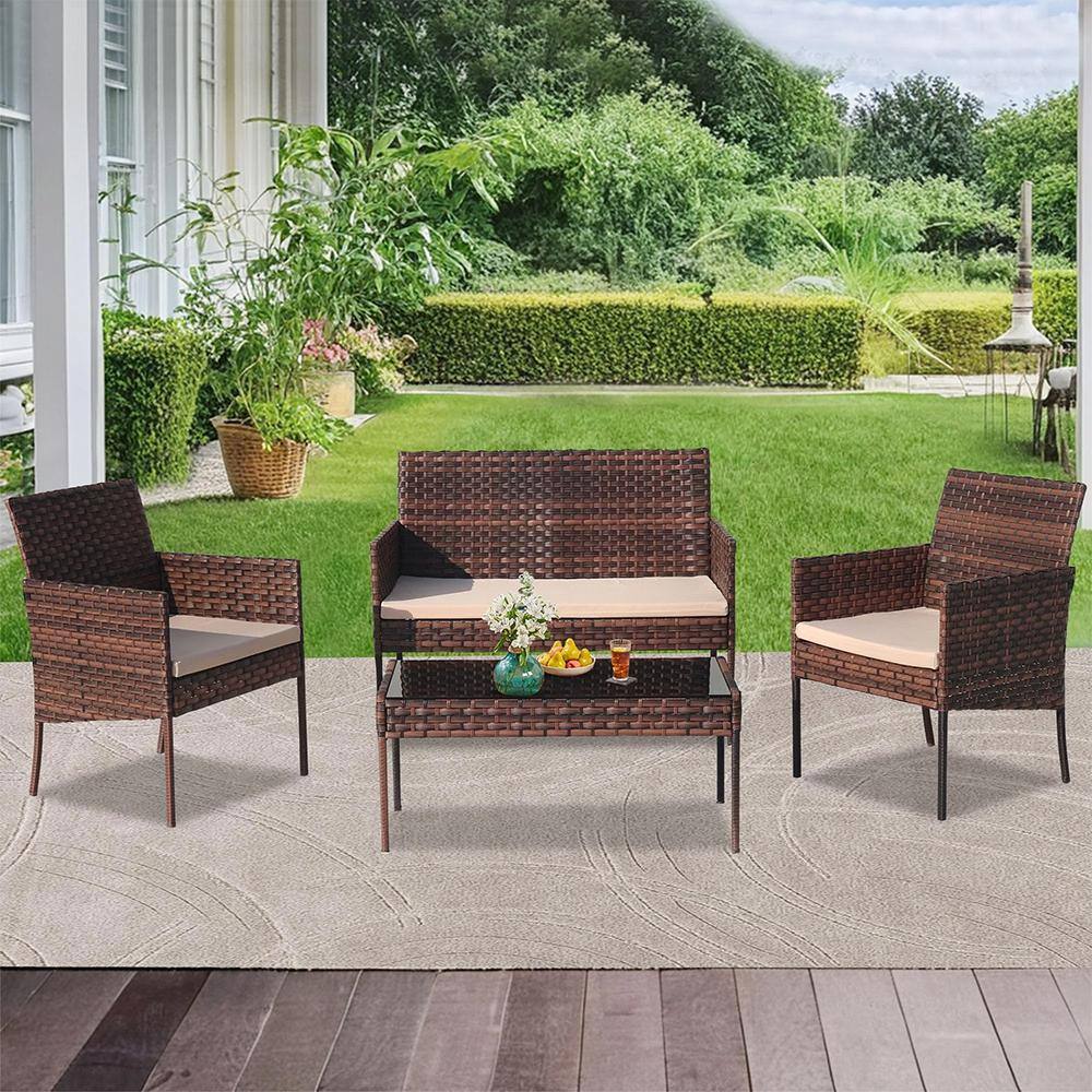 4-Piece Wicker Patio Conversation Set with Brown Cushions and Coffee Table,