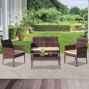4-Piece Wicker Patio Conversation Set with Brown Cushions and Coffee Table, All-Weather PE Rattan Outdoor Furniture Set