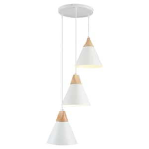 Kairah 3-Light White Modern Nordic Timber Style Wooden Pendant Light with Cone Metal Shade