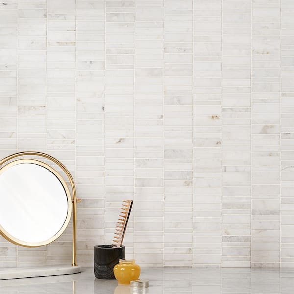 Arctic White 11.69 in. x 11.69 in. Waterfall Polished Marble Mosaic Tile (0.97 sq. ft./Sheet)