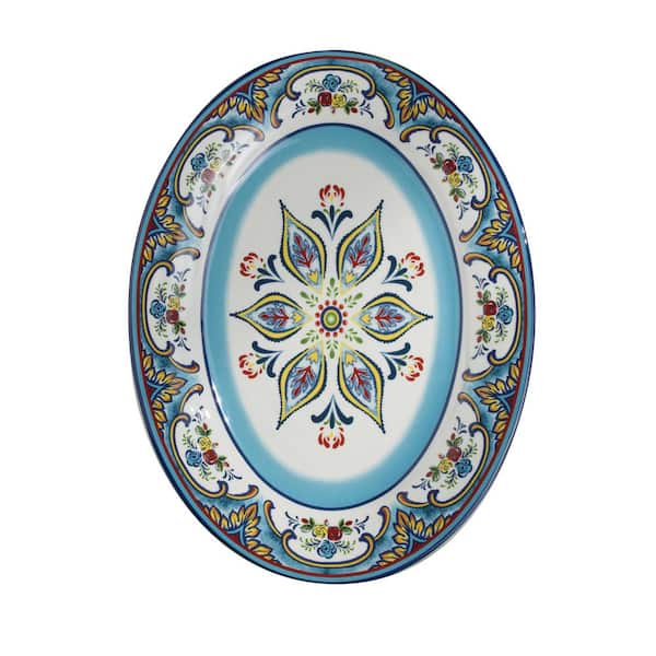 Euro Ceramica Zanzibar Multicolor Ceramic 16 in. x 12 in. x 1 in. Oval Serving Platter