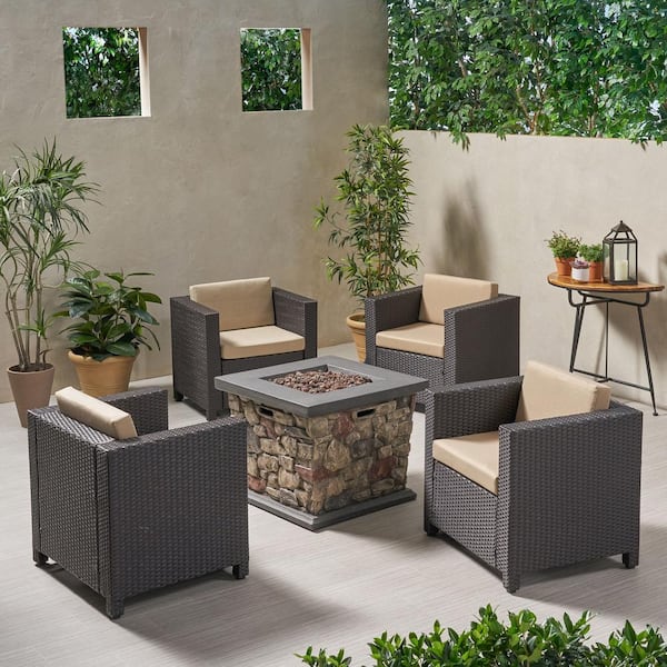 Noble House Wentz Grey 5-Piece Faux Rattan Patio Fire Pit Seating Set with Dark Grey Cushions