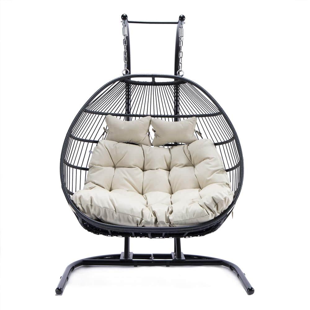 2-Person Brown Wicker Hanging Double-Seat Patio Swing Chair with Stand with