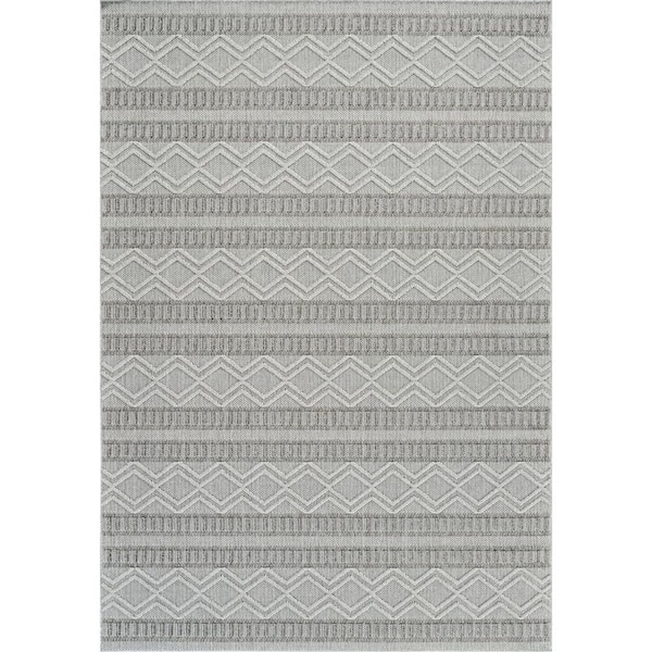 Beige, Gray 8 ft. x 11 ft. Woven Striped Polypropylene Rectangle Indoor/Outdoor Area Rug
