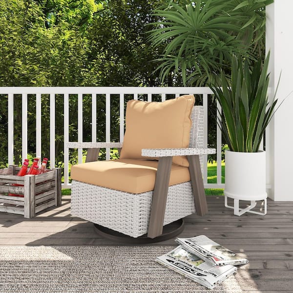 INMITOM Wicker Swivel Outdoor Rocking Chair Lounge Chair with Ergonomic Armrests and Thick Fade-Resistant Tan Cushions