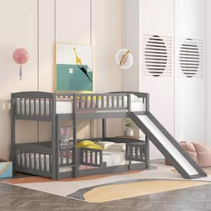 Gray Twin Bunk Bed with Slide and Built -in Fence with Lockable Door for Toddler Kids Teens