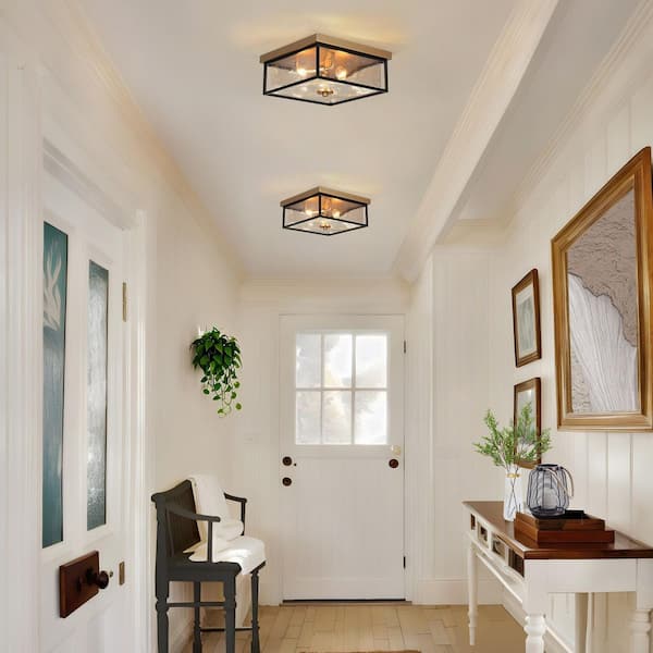 Modern 12 in. 3-Light Dark Gold Flush Mount Ceiling Light with Square Seeded Glass, Black Bedroom Ceiling Light Fixtures