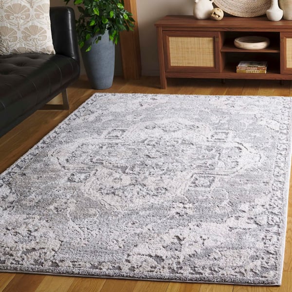 Luna 9 ft. x 12 ft. Gray/Ivory Ornate Border Medallion Area Rug