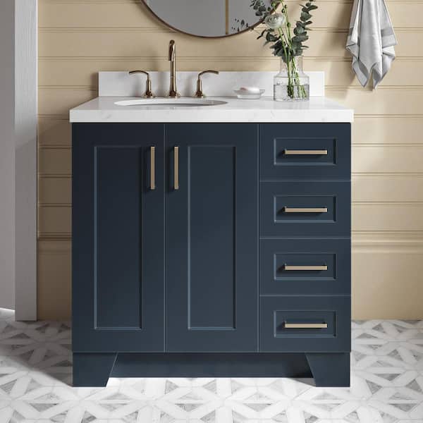 ARIEL Taylor 36.25 in. W x 22 in. D x 36 in. H Single Sink Freestanding Bath Vanity in Midnight Blue with Carrara Quartz Top