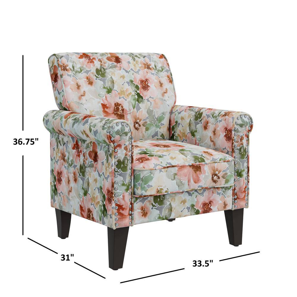 Orange and Green Floral Rolled Arm Accent Chair