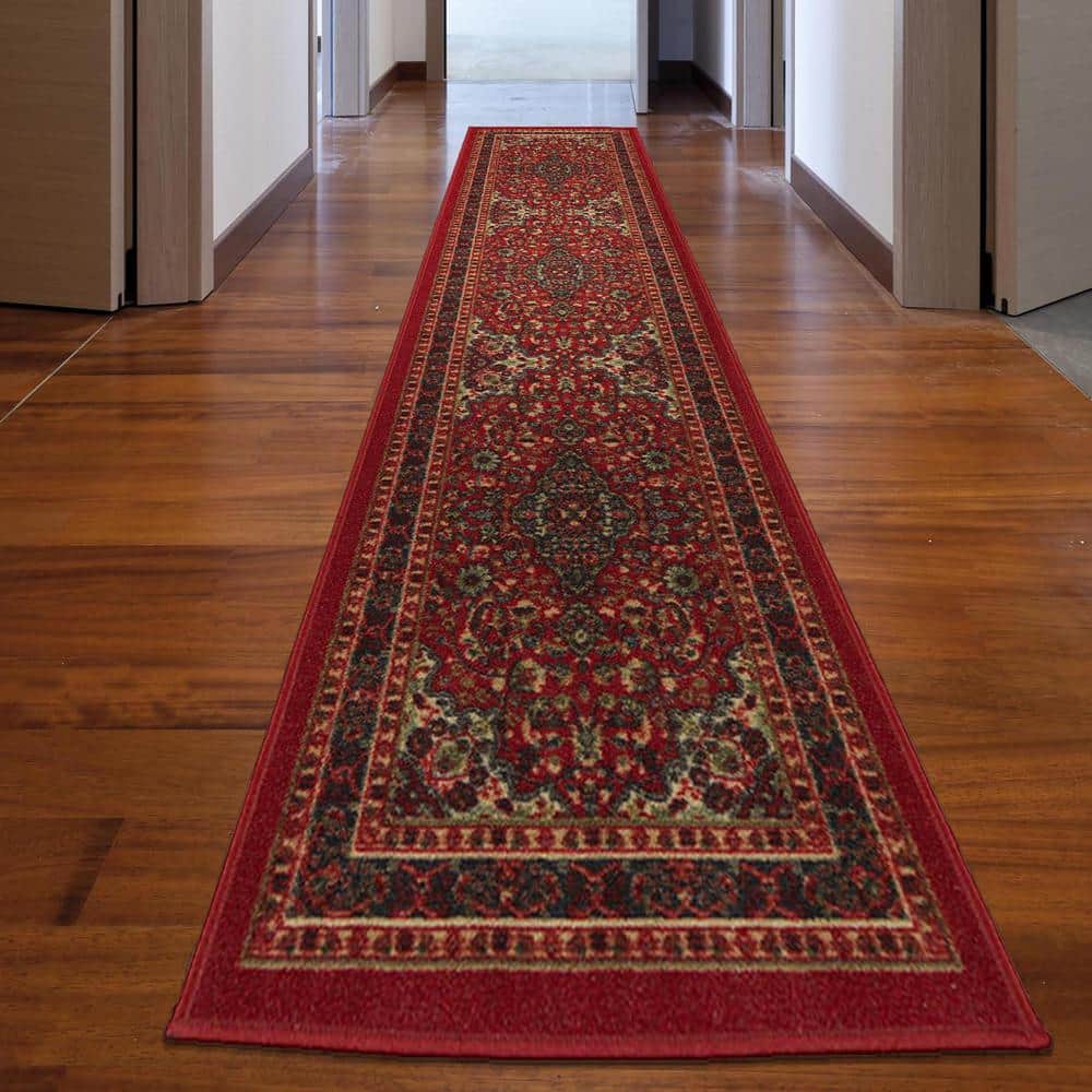 Red Oriental Design Washable Non-Slip Runner Rug