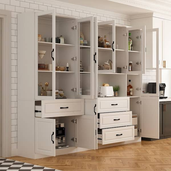 White Wood 94.5 in. W Buffet Combination Kitchen Cabinet W/Hutch, Glass Doors, Shelves (15.7 in. D x 78.7 in. H)