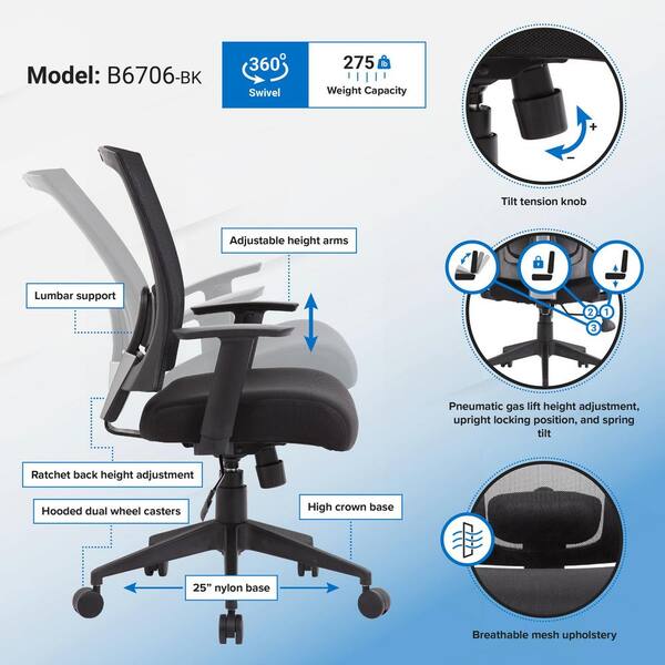 BOSS Office Products Black Mesh Back and Seat Cushions Black Base Lumbar  Support Adjustable Arms Pneumatic Lift Executive Task Chair B6706-BK - The  Home Depot
