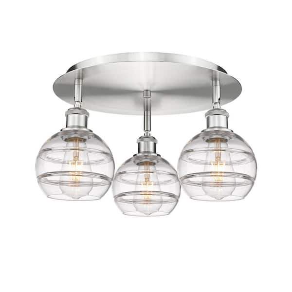 Innovations Rochester 17.63 in. 3-Light Satin Nickel Industrial Flush Mount with Clear Glass Shade