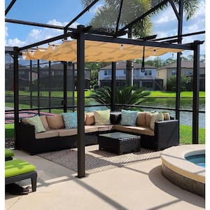10 ft. x 10 ft. Beige Metal Outdoor Retractable Pergola with Shade Canopy Cover for Beach Deck Gazebo