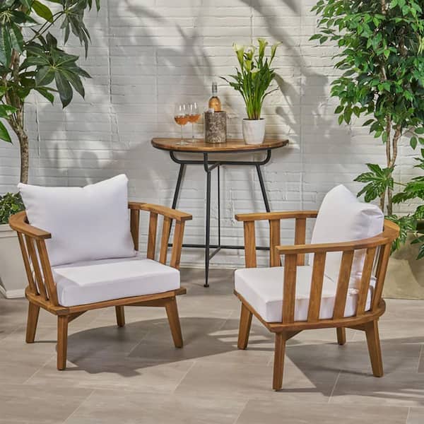 Set of 2 Acacia Wood Outdoor Lounge Chair Patio Club Chair with Waterproof Thick White Cushion for Porch, Garden