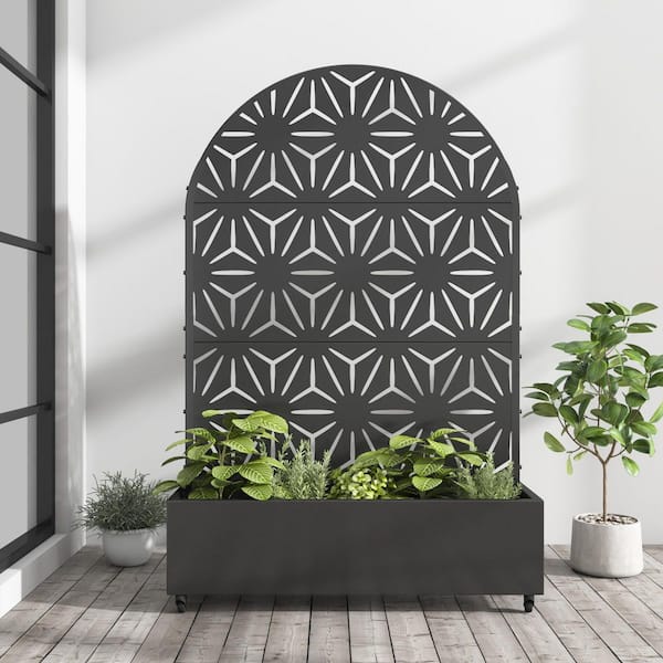72 in. x 47 in. Arched-Top Black Outdoor Metal Privacy Screen Raised Planter Box Wall Decor