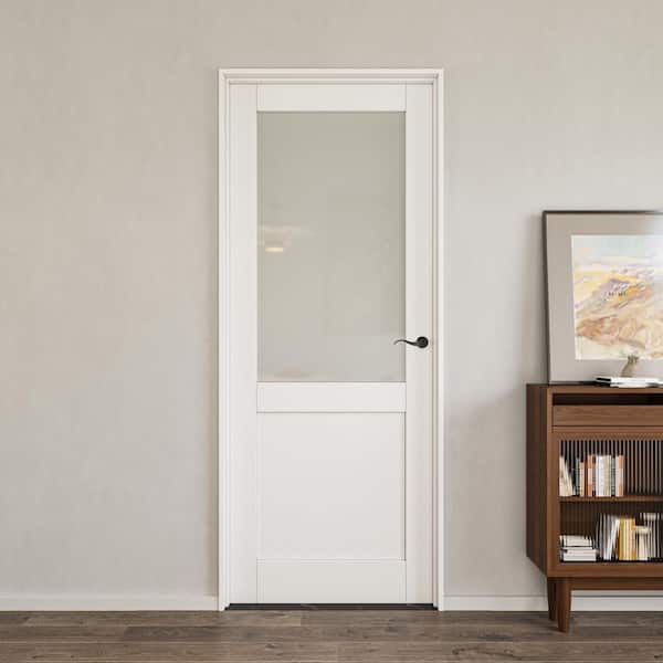 36 in. x 80 in. 1/2-Lite Frosted Glass Left-Handed White Solid Core Single Door with Quick Assemble Jamb Kit