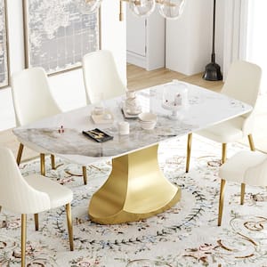 70.87 in. Pandora Sintered Stone Tabletop Gold Pedestal Leg Dining Table with Anti-Collision Arc Corner (Seats 6)