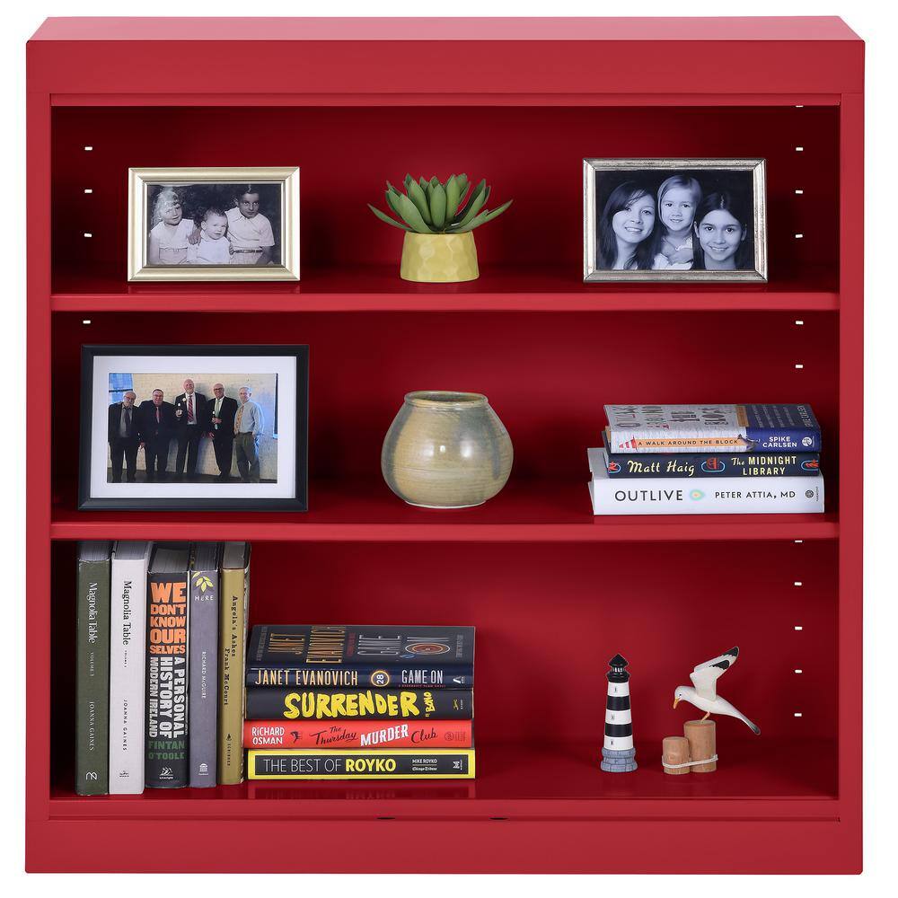 Adjustable Red Powder-Coated Steel 3-Shelf Bookcase