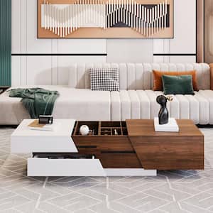 Modern and Sleek 47.2 in. White and Walnut Rectangle MDF Extendable Sliding Top Coffee Table with Storage
