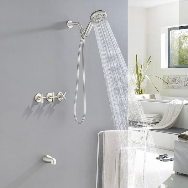 3-Handle 10-Spray Tub and Shower Faucet 2.5 GPM in Brushed Nickel Valve Included