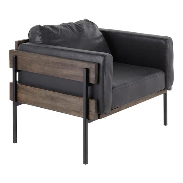 Kari Black Faux Leather, Brown Wood and Black Metal Arm Chair