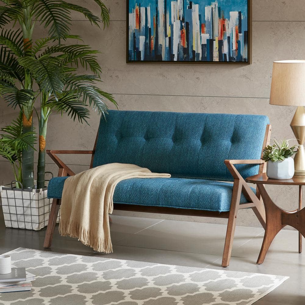Mid-Century Modern Blue Tufted Fabric Loveseat with Wood Frame