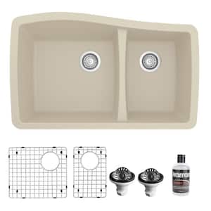 Bisque Quartz Composite 33 in. 60/40 Double Bowl Undermount Kitchen Sink with Bottom Grids and Strainers