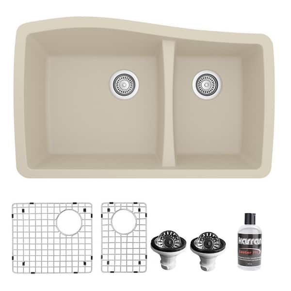 Karran Bisque Quartz/Granite Composite 33 in. 60/40 Double Bowl Undermount Kitchen Sink with Bottom Grids and Strainers