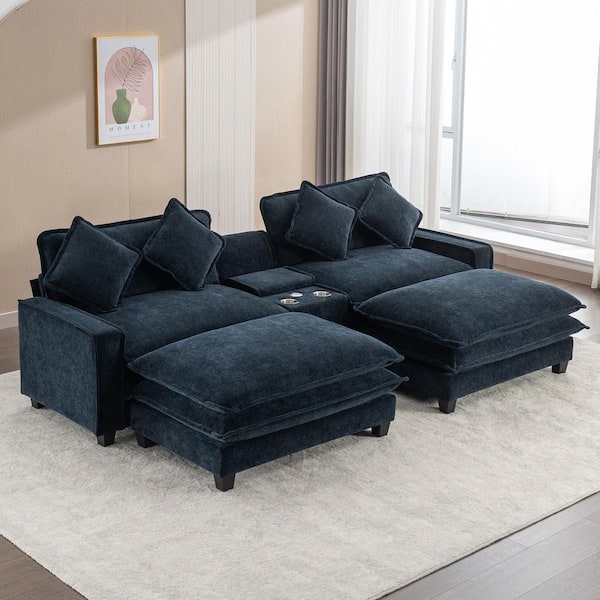 111 in. Square Arm Rectangle Chenille Sectional Sofa with 2 Removable Ottoman, USB Ports and Cup Holders in Blue