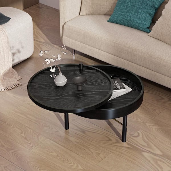 Noble House Arlint 24 in. Black Wood Modern Round Coffee Table with Rotating Tray and Storage, Metal Frame
