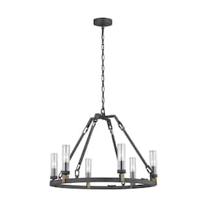 Landen Medium 6-Light Antique Forged Iron Transitional Candlestick Wagon Wheel Outdoor Hanging Chandelier