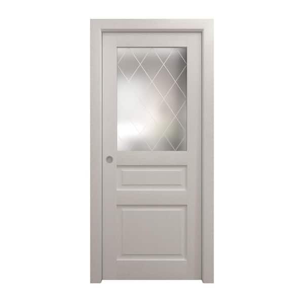 32 in. x 80 in. Frosted Glass Painted White Oak Color Solid Wood Pocket Door With Hardware