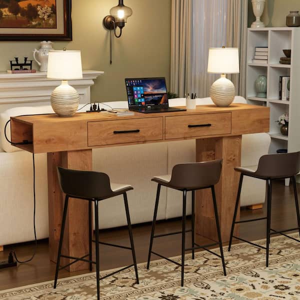 63 in. Burl Rectangle MDF Farmhouse Console Table with Outlets and USB Ports, Sofa Table with Drawers