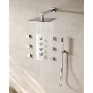 7-Spray Patterns Thermostatic 12 in. Wall Mount Rain Dual Shower Heads with 6-Jet in Brushed Nickel (Valve Included)