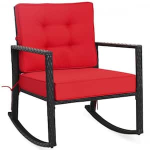 Patio Rattan Wicker Rocking Chair Outdoor Rocking Chair with Red Cushions