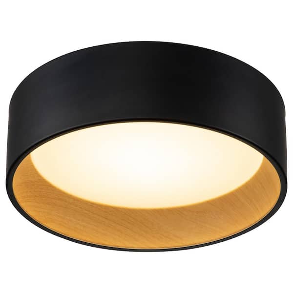 C Cattleya 13 in. 1-Light Black and Wood Finish Color Changing 3000K 4000K 5000K Dimmable LED Flush Mount