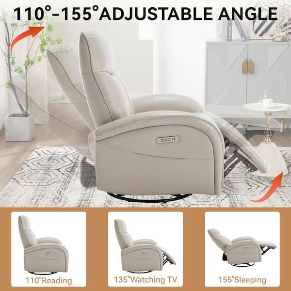 36.23 in. Beige Faux Leather Swivel Recliner with Power Lumbar Support, 270° Swivel with USB and Type-C Ports