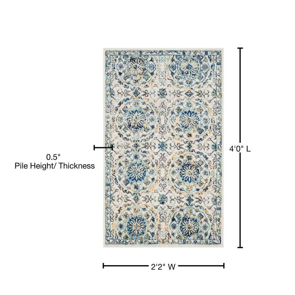 Ivory and Blue High Pile Synthetic Area Rug