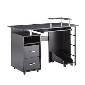 47.24 in. Rectangle Black Wood 2 Drawer Computer Desk Writing Table Office Table with Tray Storage Shelves and Casters